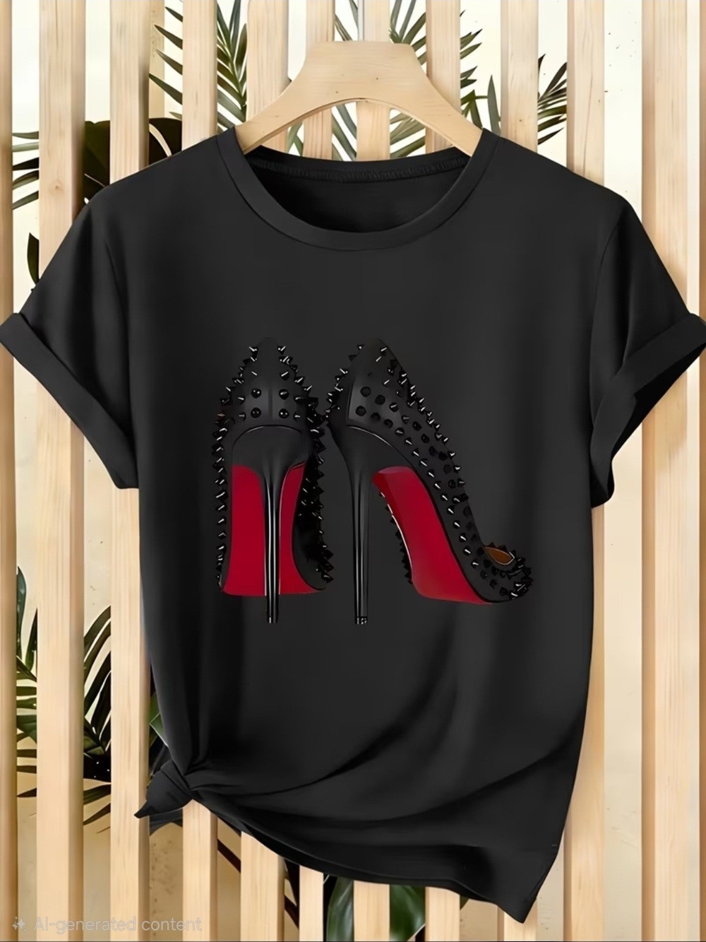 Women's Black Graphic Tee with Studded Red-Heel Stiletto Print NWT